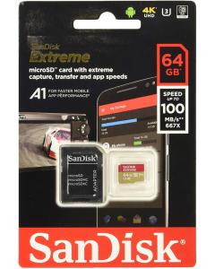 SanDisk Extreme 64GB microSDXC memory card + SD adapter up to 100 MB / s, Gold / Red, Class 10, U3, V30, A2